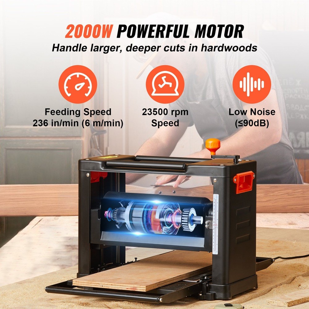 13in 15A Variable Speed Planer Triple Knife 61.7lb Enhanced Stability