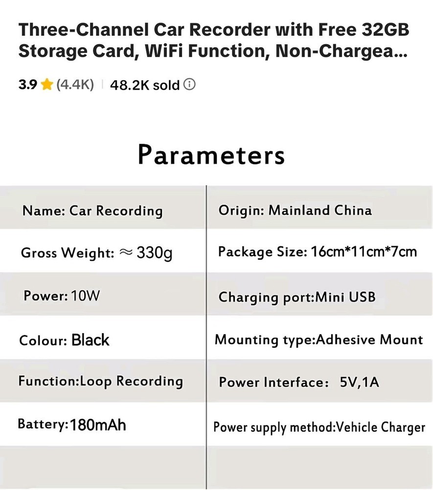 3 channel car recorder with free 32GB Storage card, Wifi function