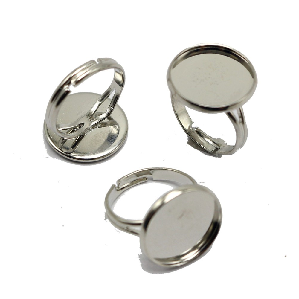 20 Silver Tone Adjustable Ring Round Blank Cabochon Pad Bezel Setting Cup 16mm