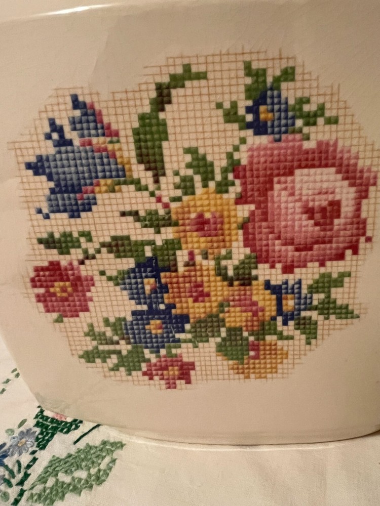 Vtg Harker Ivory Needlepoint Roses Print Rectangular Pitcher Lovely Please Read