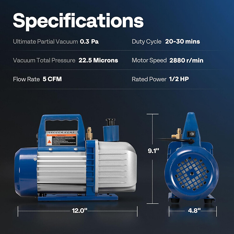 1/2 HP 5CFM 2 Stage HVAC Vacuum Pump & 4 Way AC Manifold Gauge Set 5ft Hoses