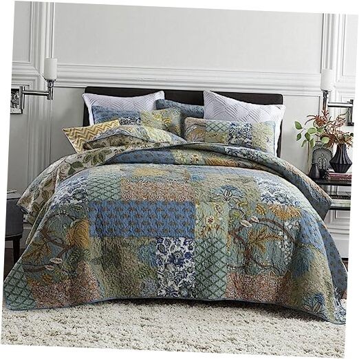 Cotton Bedspread Quilt Bedding Sets 3 Pieces King Rustic Sage Patchwork