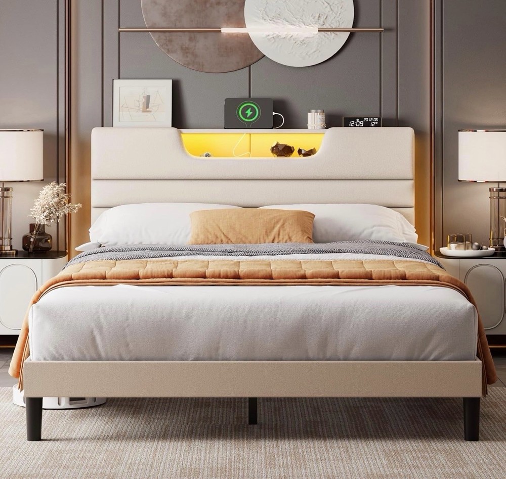 Queen Platform Bed Frame Beige LED Lights Charging Station Storage Headboard