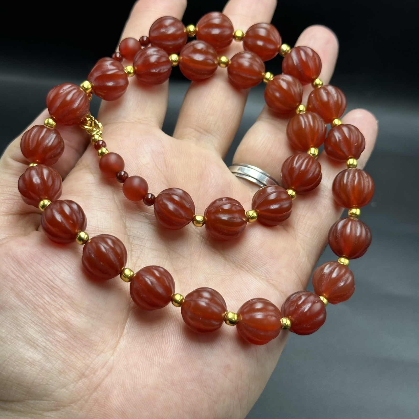 Vintage Himalayan Tibetan Carnelian Carved Agate Melon Shape Beads Necklace