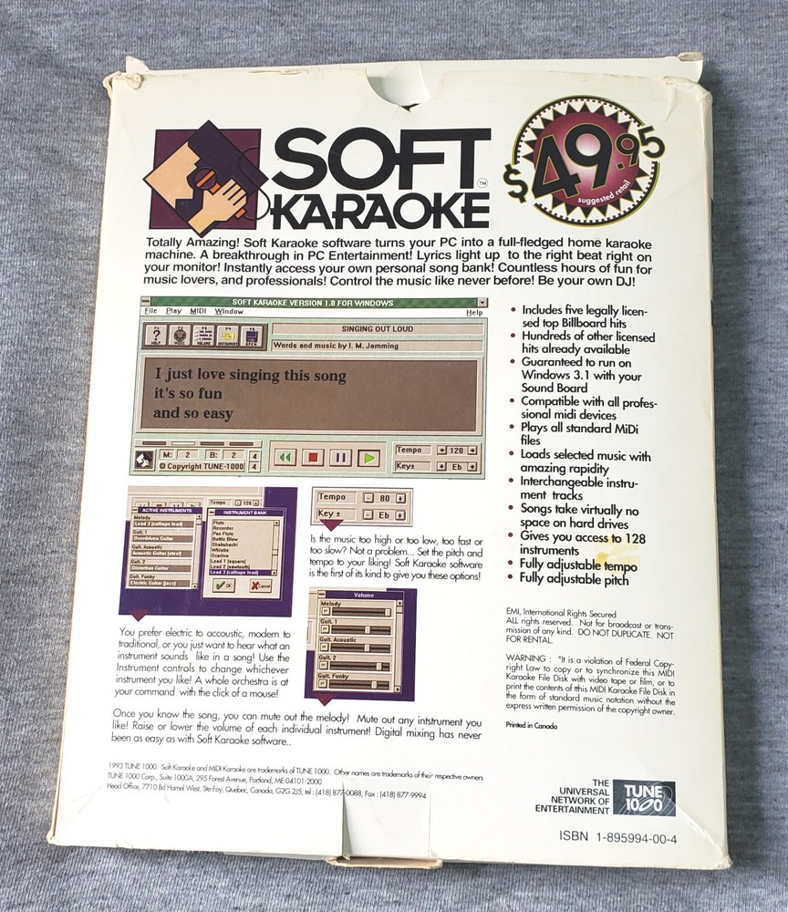 Vintage 1993 big box PC software - SOFT KARAOKE - complete retro MIDI programTun