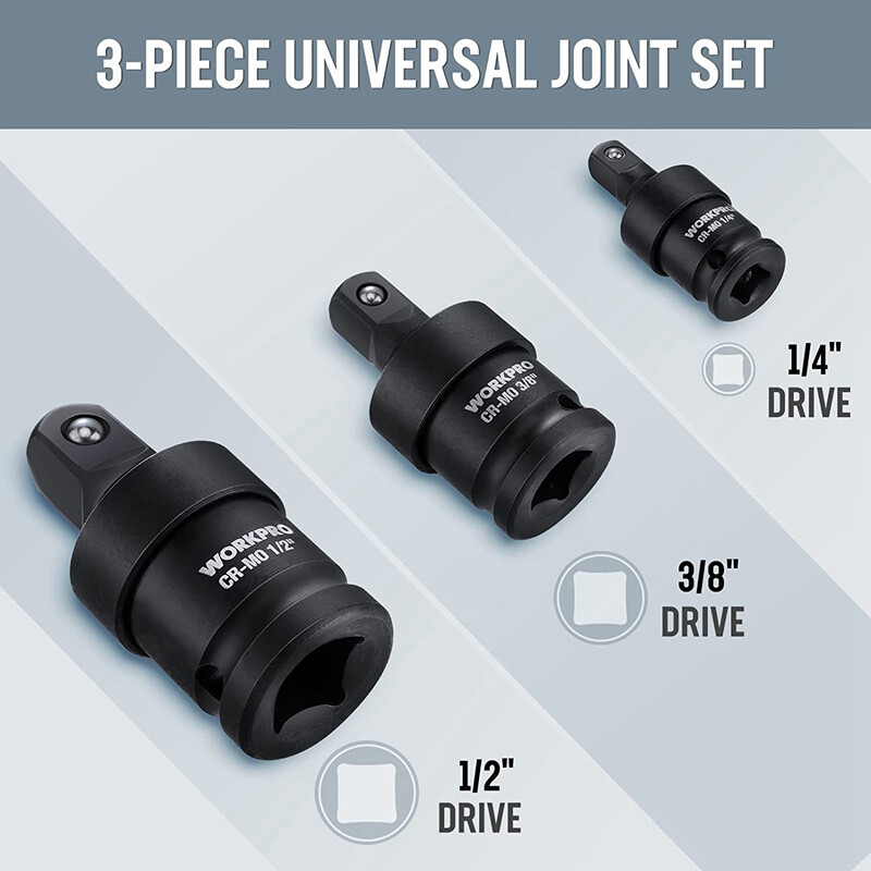 WORKPRO Impact Universal Joint Sets 3PCS 1/2" 3/8" 1/4" Dr Swivel Socket Adapter
