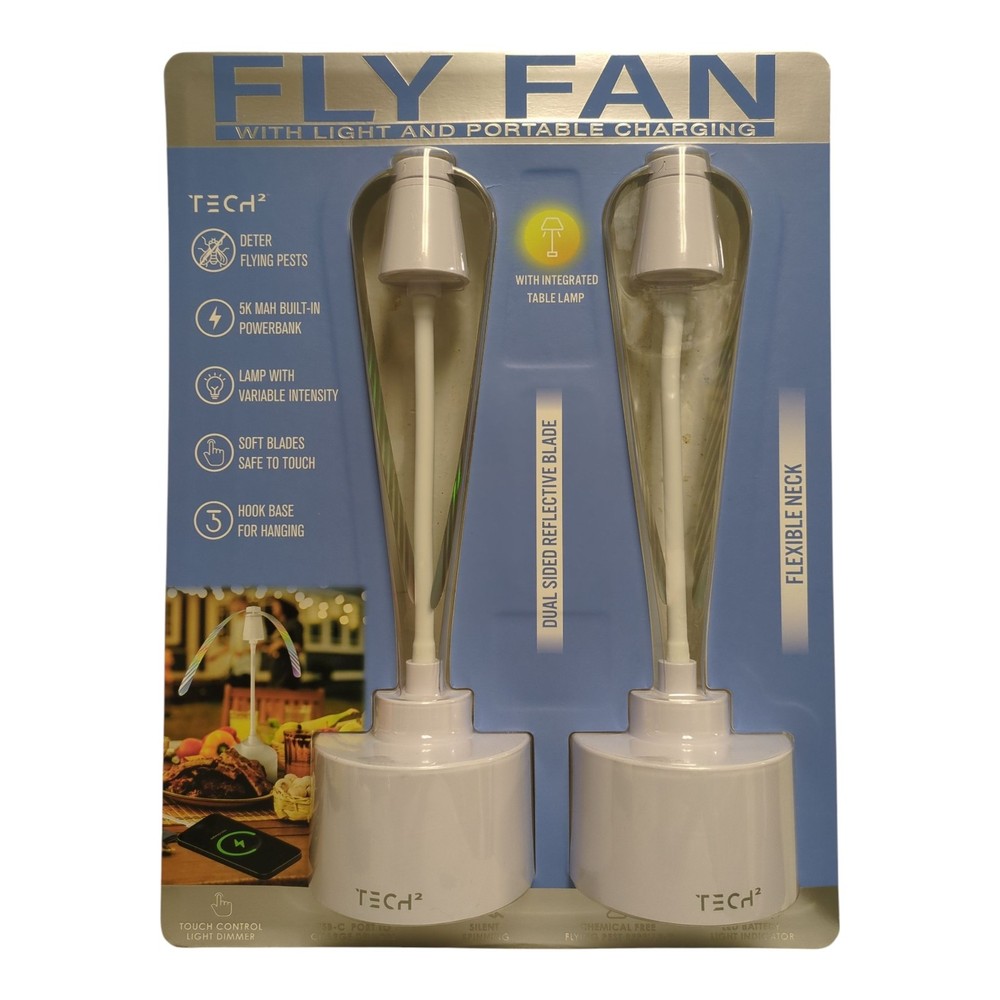 Tech Squared Fly Fan,Table Lamp, & Portable Charger, 2 Pack, White