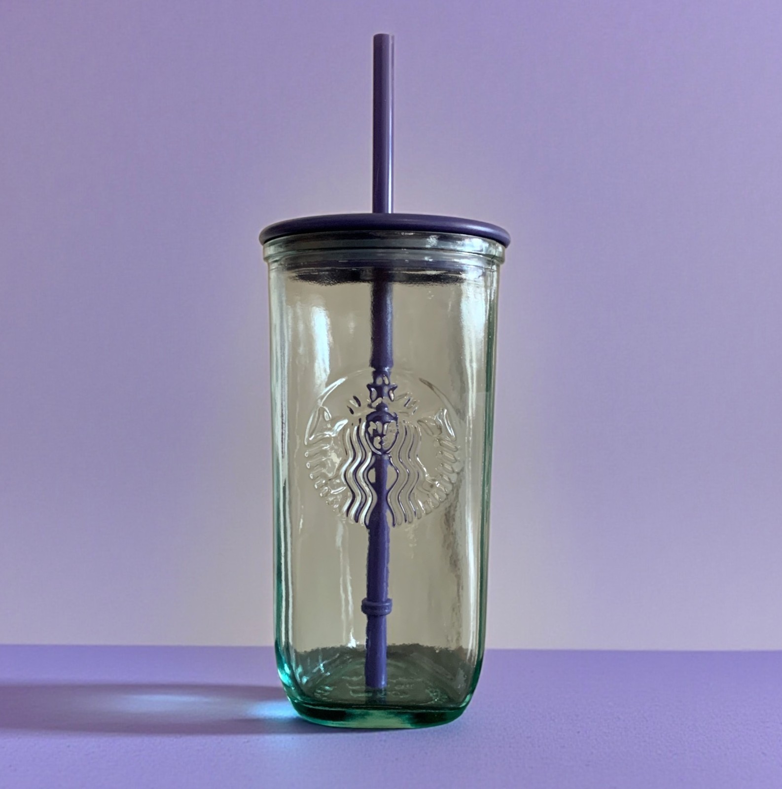 Starbucks Recycled Glass Triangle Bottom Purple Lid Cold Cup Tumbler 16oz Grande