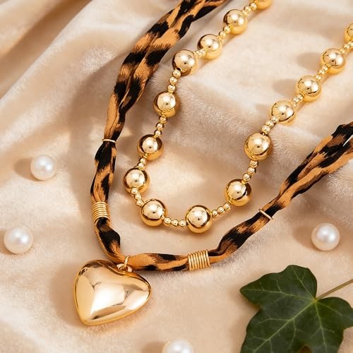 Gold Chunky Heart Necklace Sets for Women Layered Stackable Y2k Leopard Small