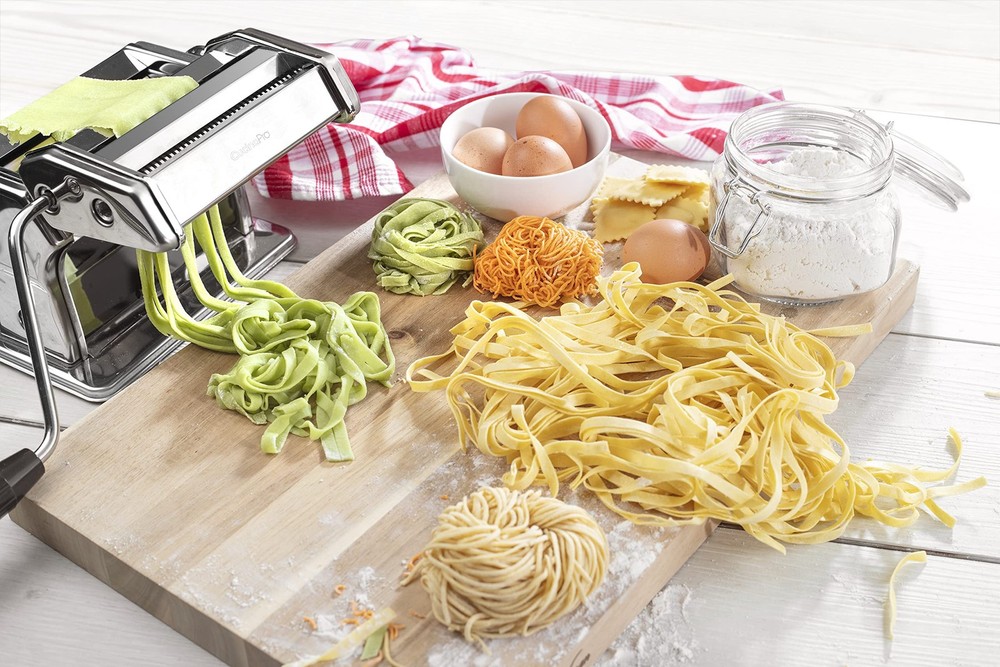 Pasta Maker Deluxe Set- Stainless Steel Machine w 3 Interchangeable Attachments-