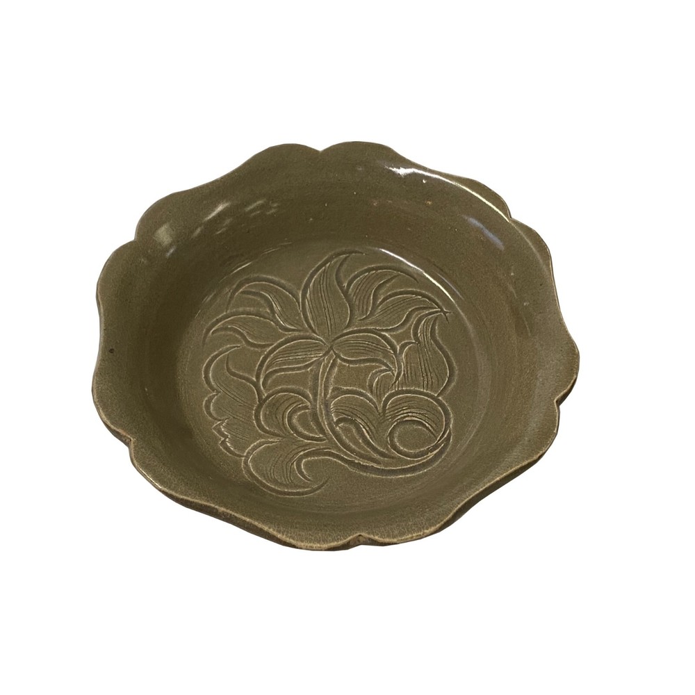 Chinese Ding Ware Tan Olive Glaze Flower Pattern Ceramic Bowl Display ws3280
