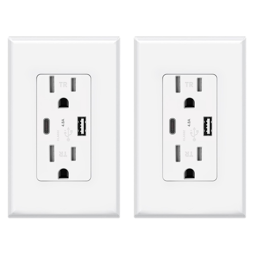 4.8A USB Type C Wall Outlet Duplex Receptacle 15 Amp, Tamper Resistant, 2pack
