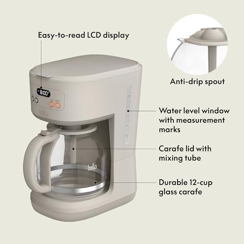 BELLA 12 Cup Programmable Coffee Marker, Reusable Dishwasher 12 cup, Oatmilk