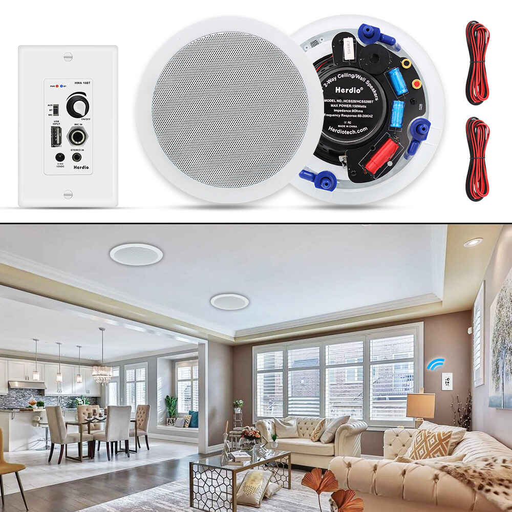 Herdio 300W Kitchen Ceiling Speakers Bluetooth Wall USB AUX Wall Mount Amplifier