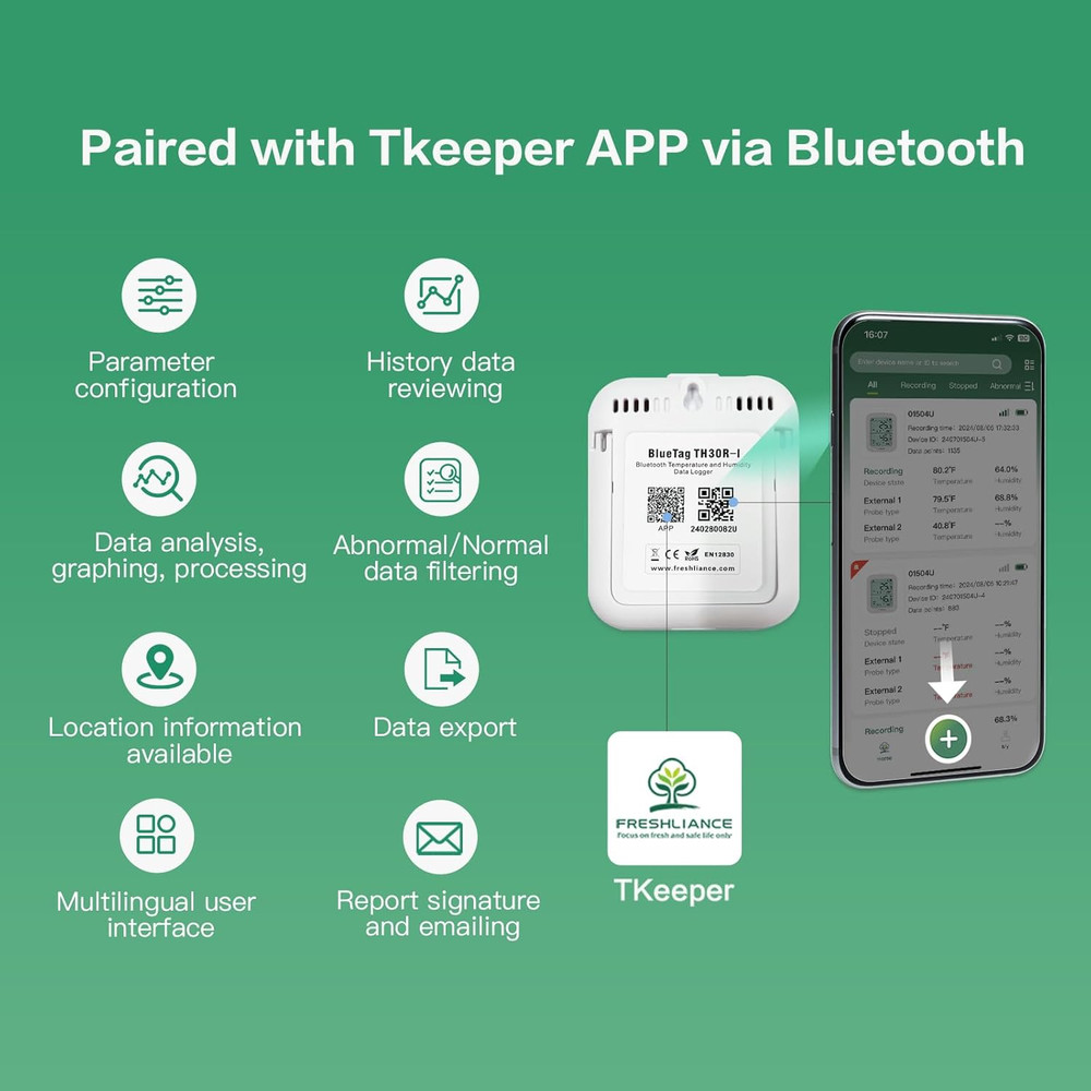 Freshliance Temperature Humidity Data Logger Recorder Bluetooth with 2Pcs Extern