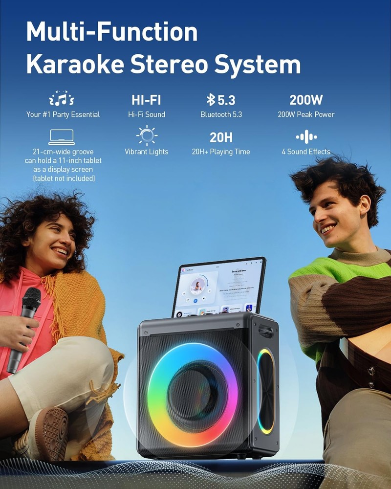 VERKB Karaoke Machine with 2 Wireless Microphones Portable Bluetooth Speaker ...