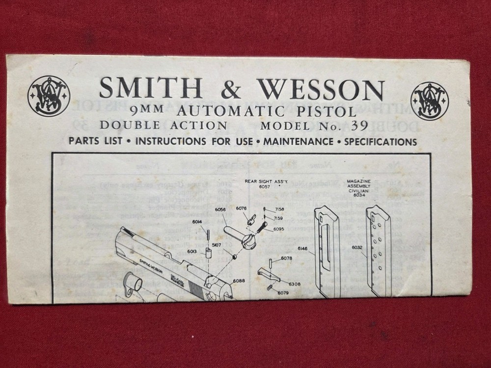 Original Smith And Wesson Model 39 Instructions/Maintenance. Dated 2/78.