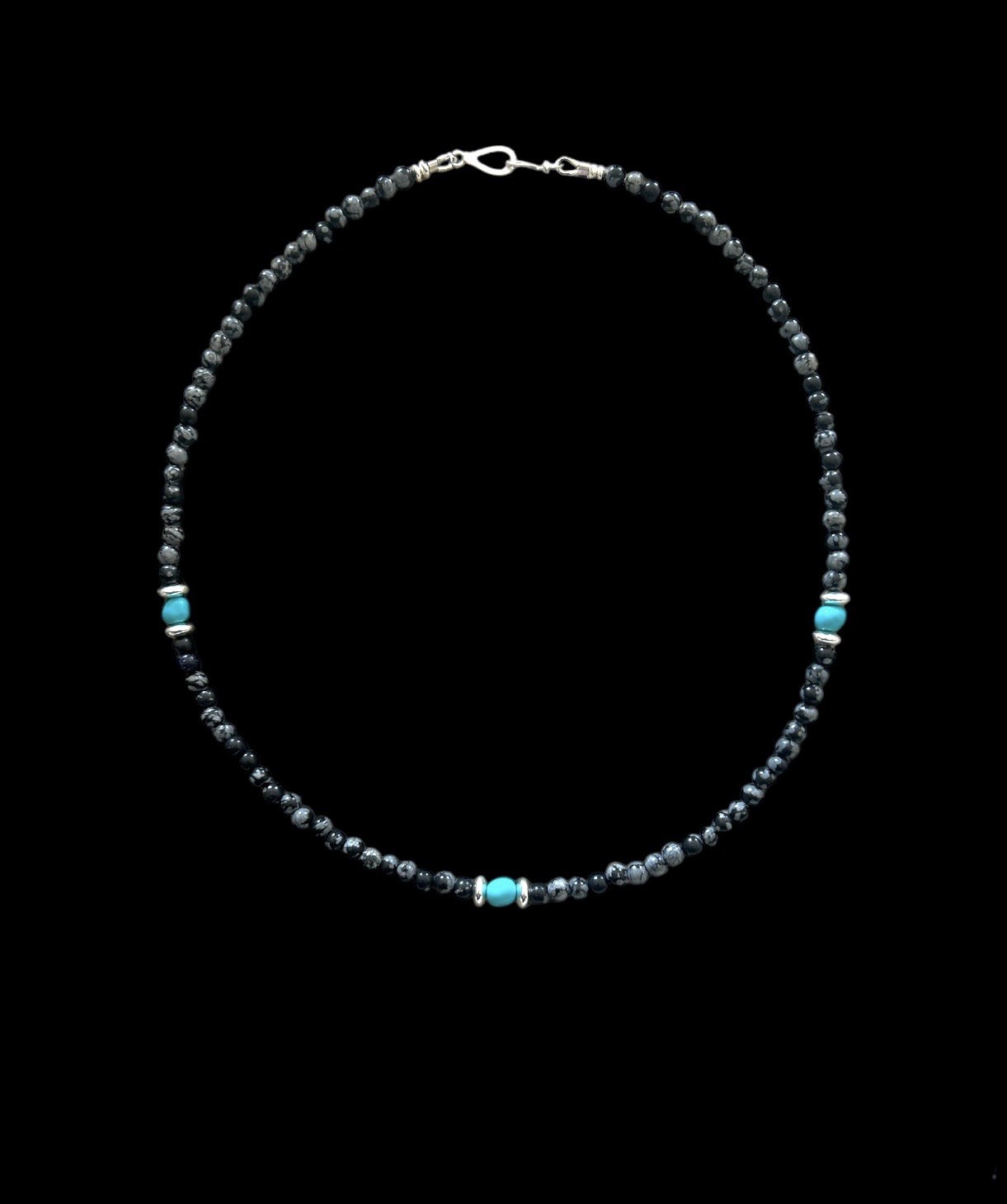 Native American Snowflake Obsidian & Kingman Turquoise Necklace
