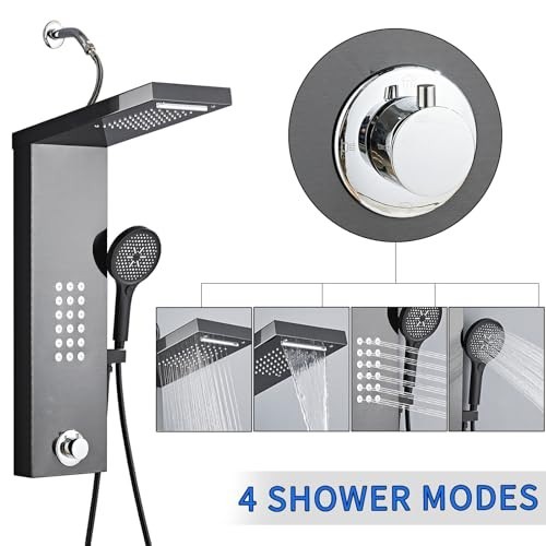 Rain Shower Panel Tower System with Handheld High Pressure Massage Head - Black