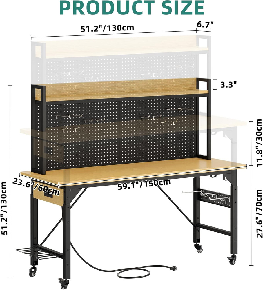 YITAHOME 60" Adjustable Workbench with Pegboard, Wheels & 1600 LB Capacity, Roll