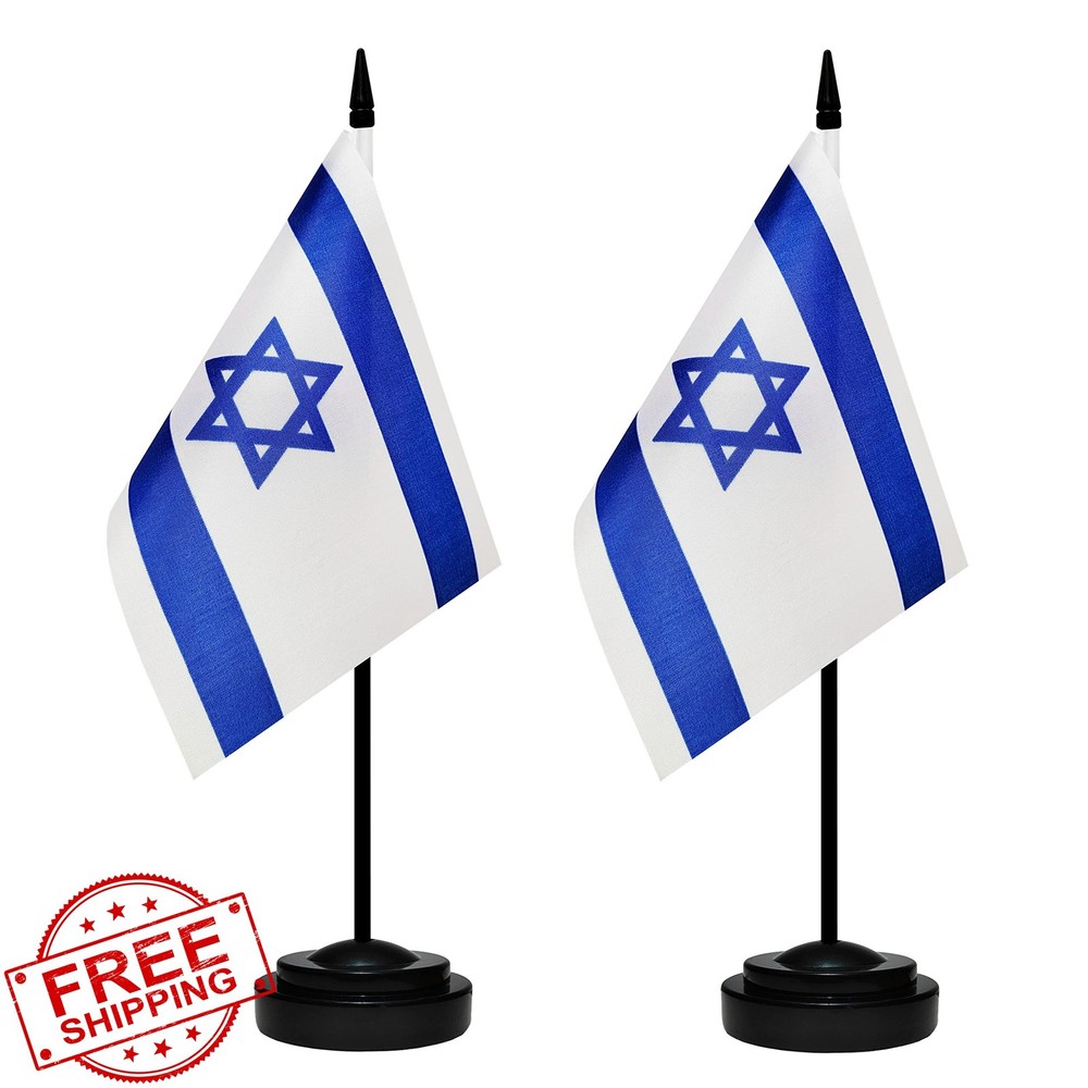 Israel Desk Flag Set 2 Pack Table Office Flags Mini Desktop 12" Pole Black Base