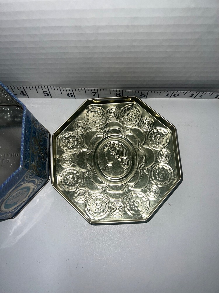 Vintage blue white Fruit Drop Candy Tin Octagon Shape *Empty* Made In England