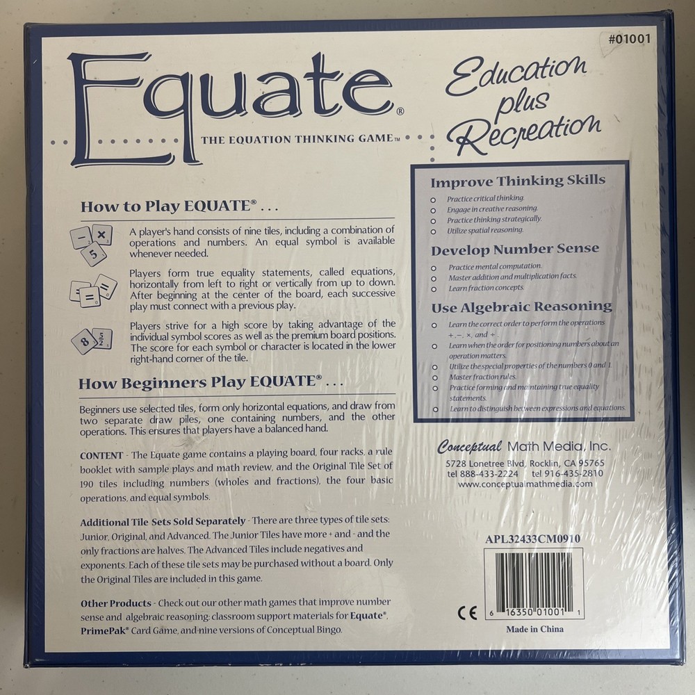 EQUATE The Equation Thinking Math Board Game Educational Fun New Sealed