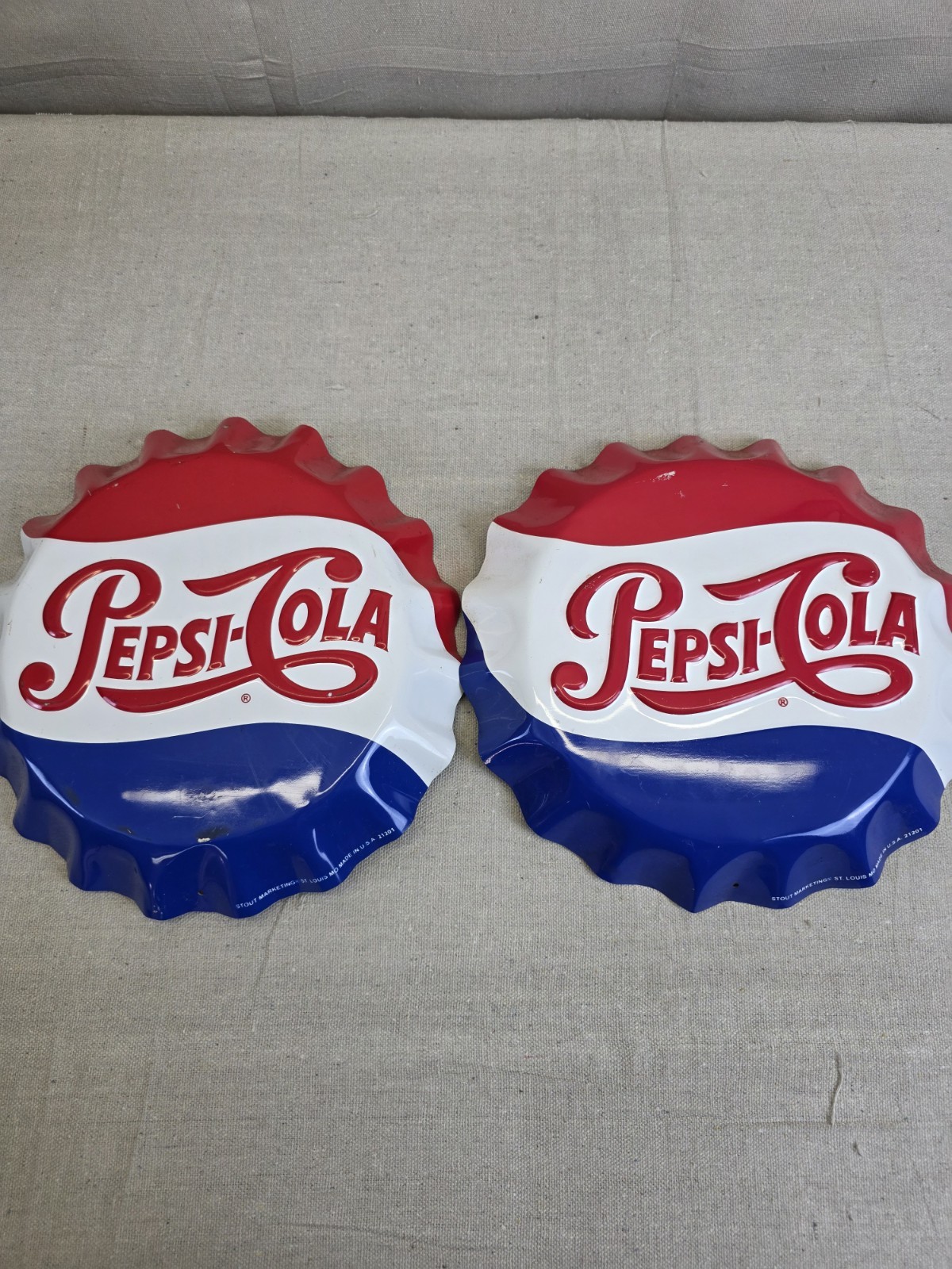 2 Vintage Pepsi-Cola Metal Bottle Cap Embossed Stout Marketing Sign - 11"
