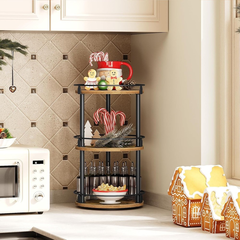 3-Tier Rotating Spice Rack Organizer for Kitchen Pantry Rustic Brown/Black