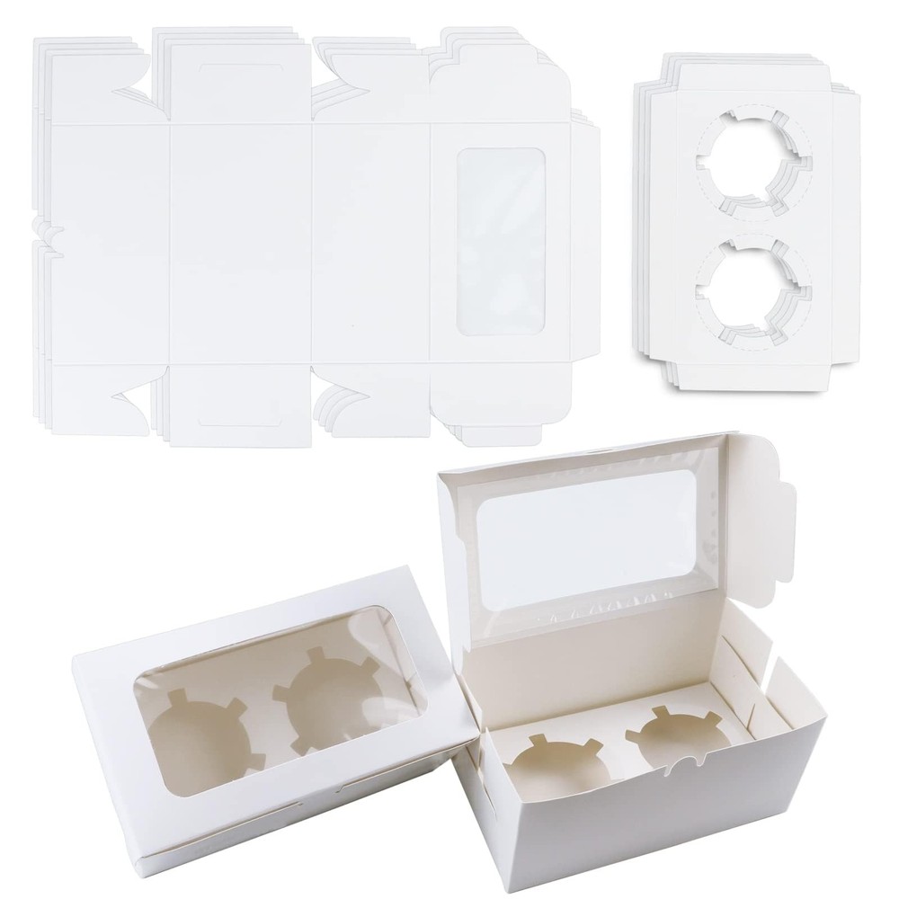 30 Pack White Paper Cupcake Boxes With 2 Cavity Cookie Gift Boxes With Clear Win