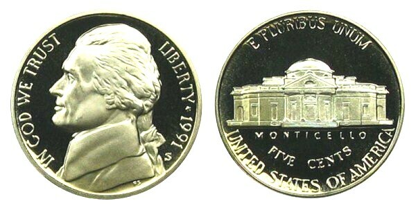 1991 S JEFFERSON NICKEL GEM DCAM PROOF from PROOF Set