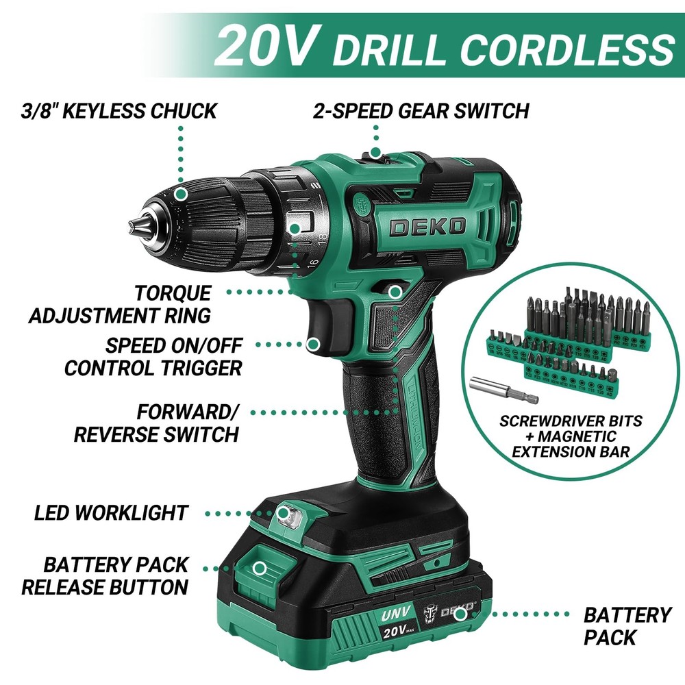 Green Drill Tool Kit Set: 20V Cordless Power Drill Tool Box with Battery Elec...