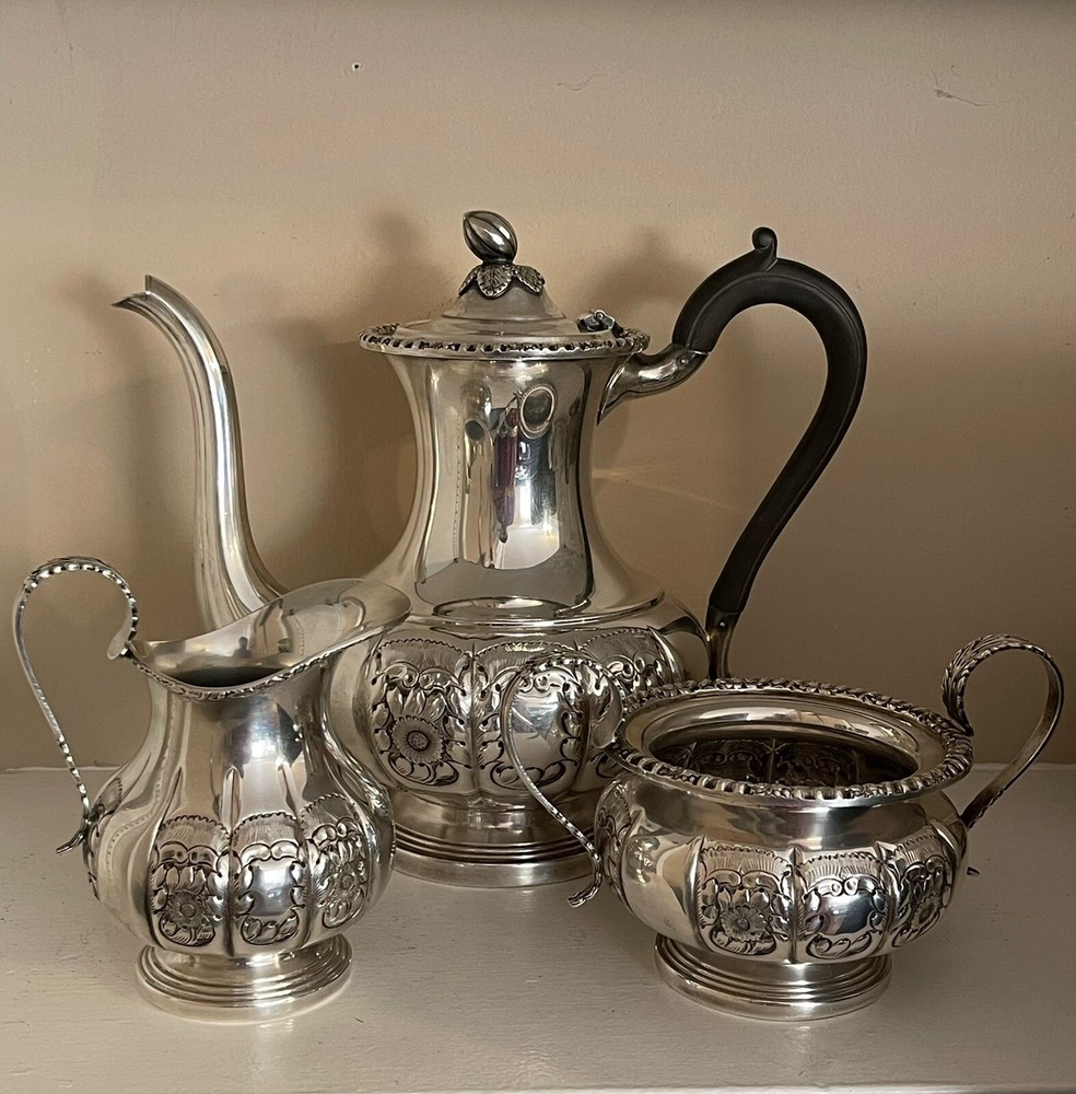 Antique Sheffield Reproduction 3 Piece Silver Tea Set  - Hand Chased 1440