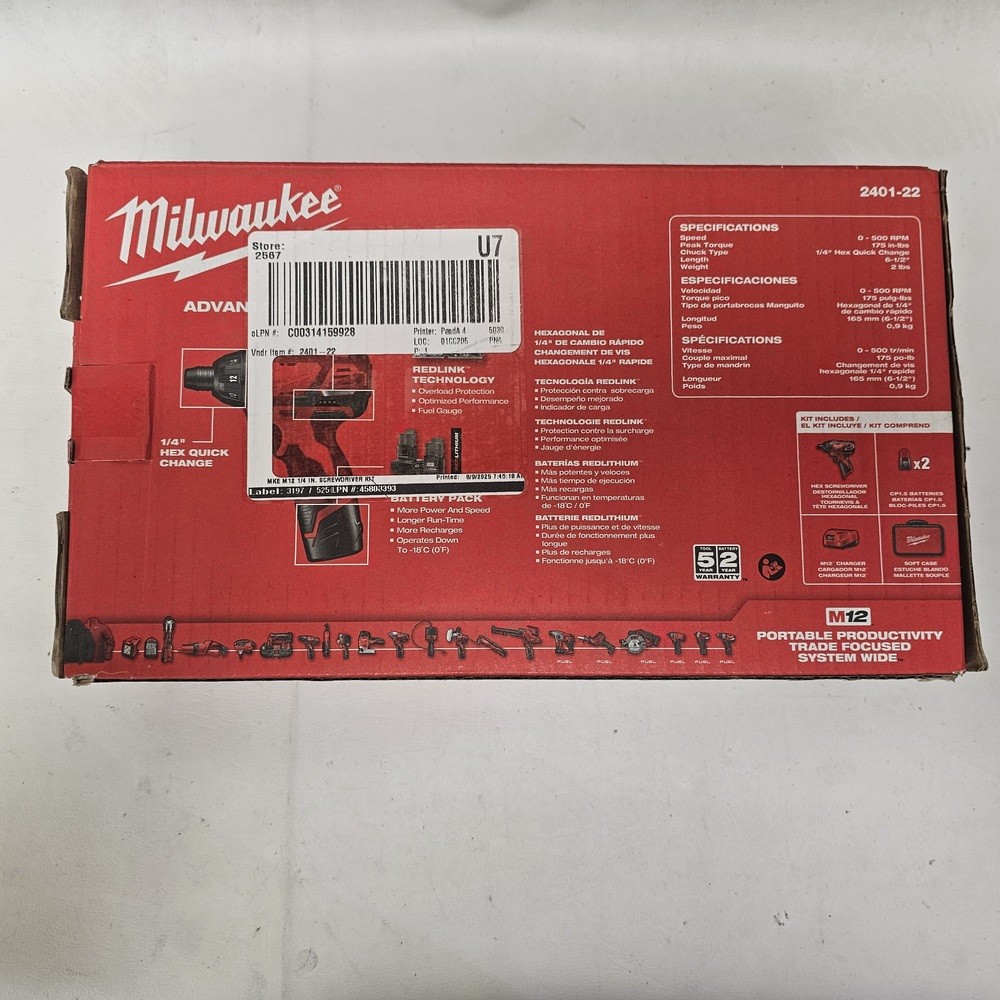 MILWAUKEE 2401-20 1/4" HEX SCREWDRIVER KIT W/ BOX