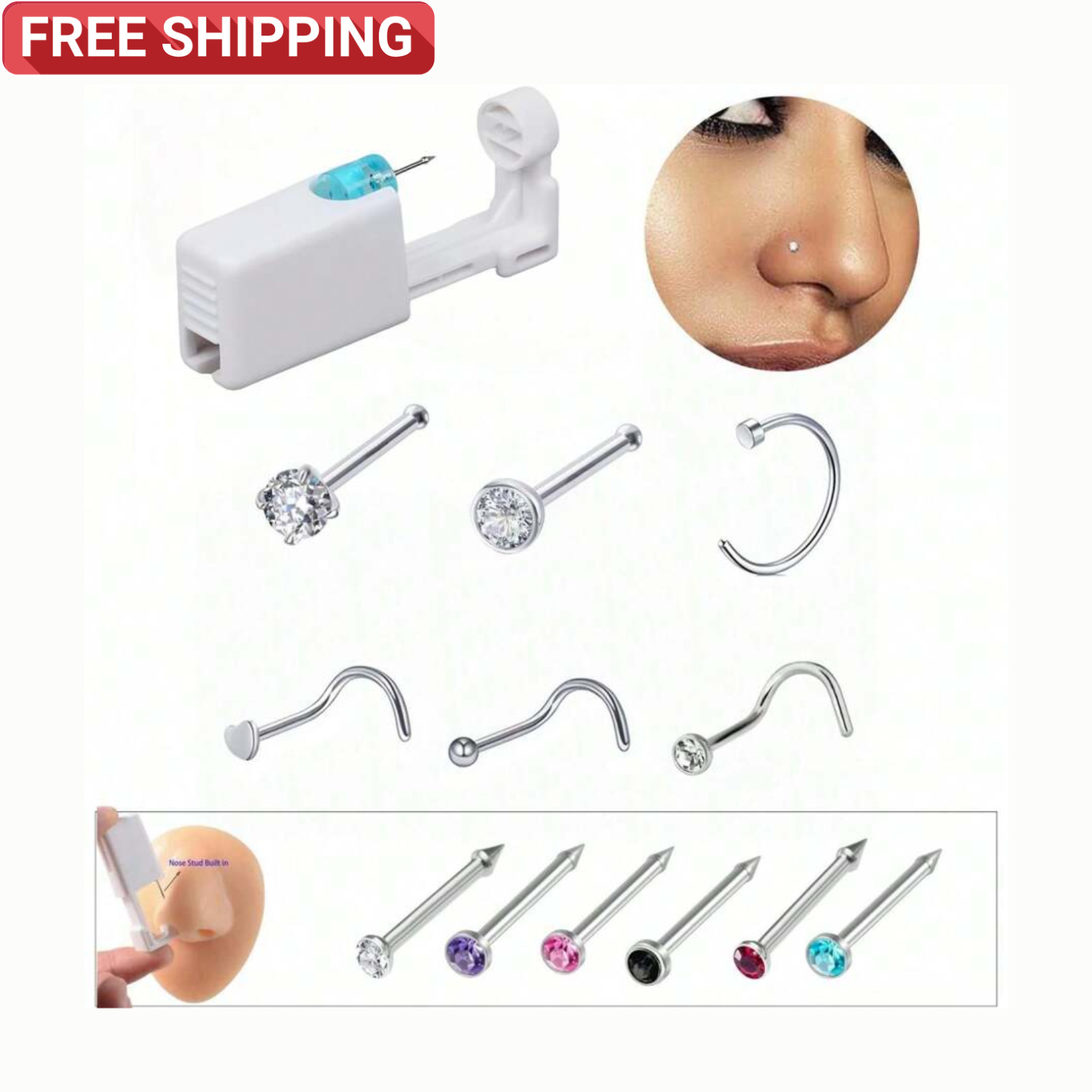 Nose Piercing Gun 7X Self Piercing Rivet Gun For Nose Ear Painless Piercing Gun