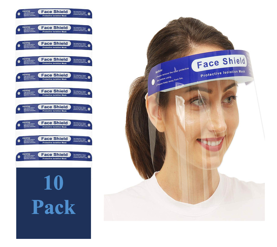 10 Pack Reusable Face Shield Adjustable, Elastic Headband  Clear Visor.