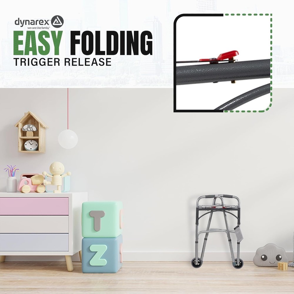 Junior Two-Button Folding Walker with Wheels has Tool-Free Adjustable Height