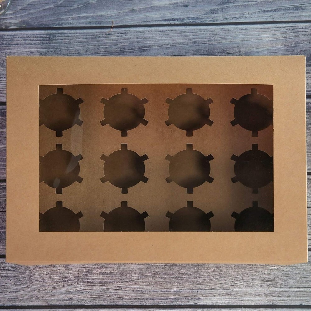 20 Pack Cupcake Boxes w/Inserts 12 Holder Window Brown Bakery Boxes Bulk NEW