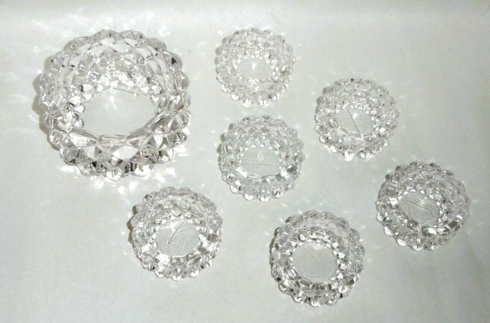 Vintage Master & 6 Open Salt Cellars ~ EAPG Diamond Quilted Hobnail ~ Clear