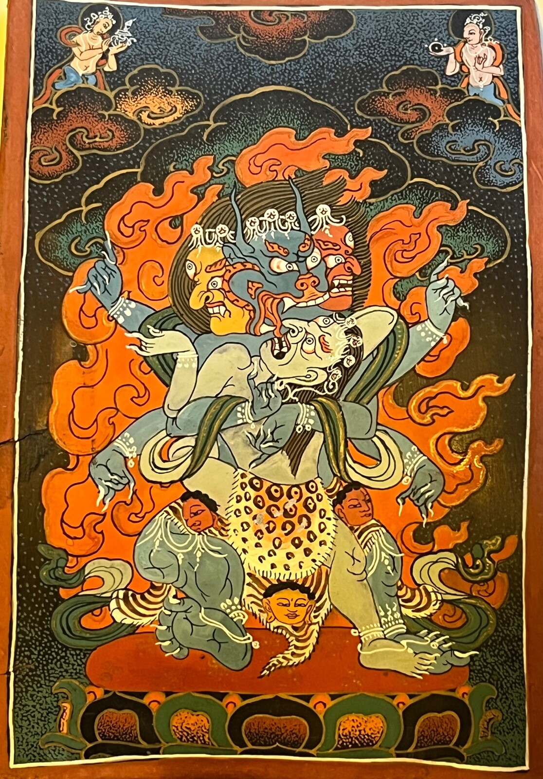 Tibetan Thangka Painted on Horn Yamantaka in Father-Mother Union
