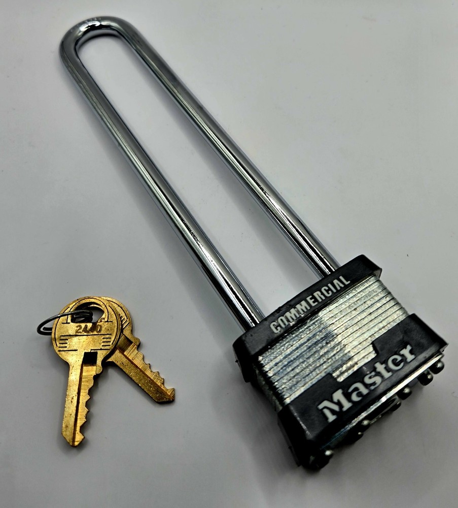 Master Lock 1Ln Padlock, Keyed Different, Long Shackle, Rectangular Steel Body,