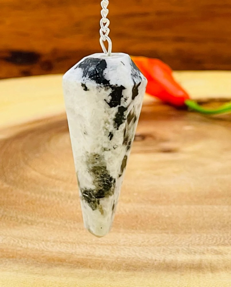 Rainbow Moonstone Pendulum With Silver Plated Chain, Point Pendulum Faceted