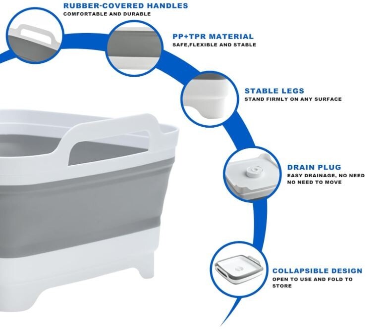 2 PACK! Gray Collapsible Sink with Drain, Wash Basin Camping Kitchen Laundry Tub