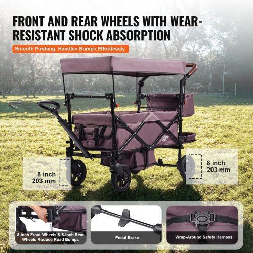 Wagon Stroller for 2 Kids Push Pull Quad Collapsible Stroller Dark Purple