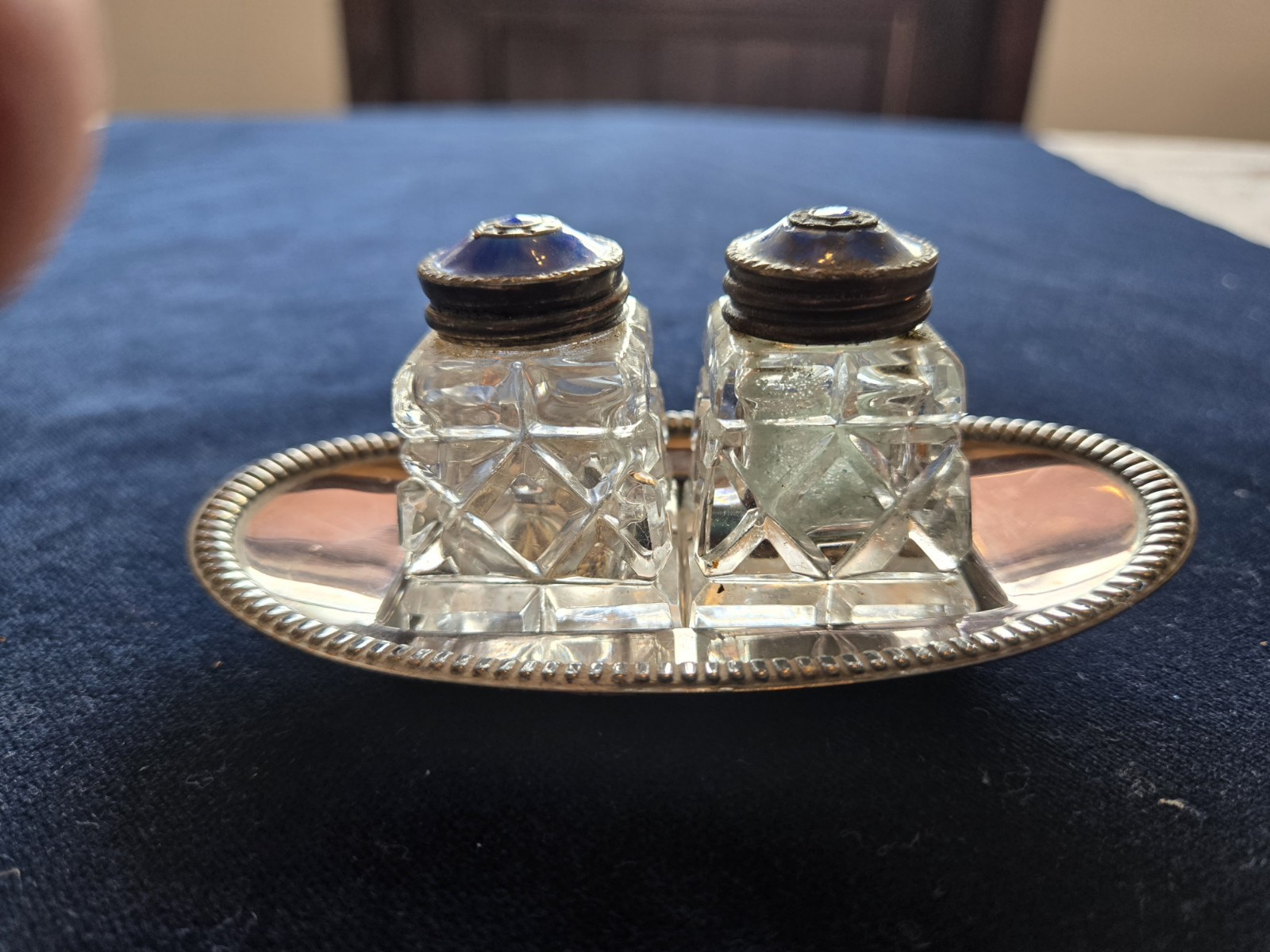 Antique Norway Guilloche Enamel Sterling Silver Salt & Pepper Set On Tray