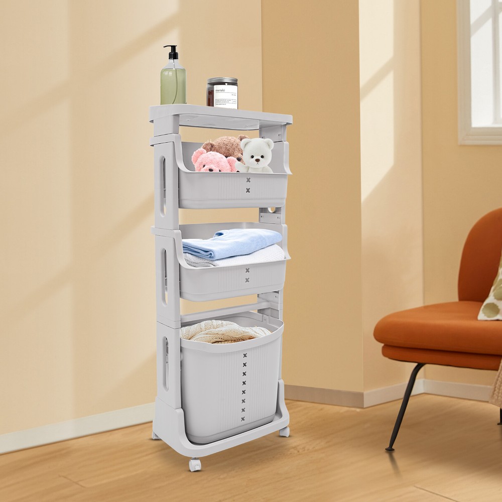 4-Tier Rolling Plastic Laundry Basket Removable Laundry Hamper w/ Wheels Gray