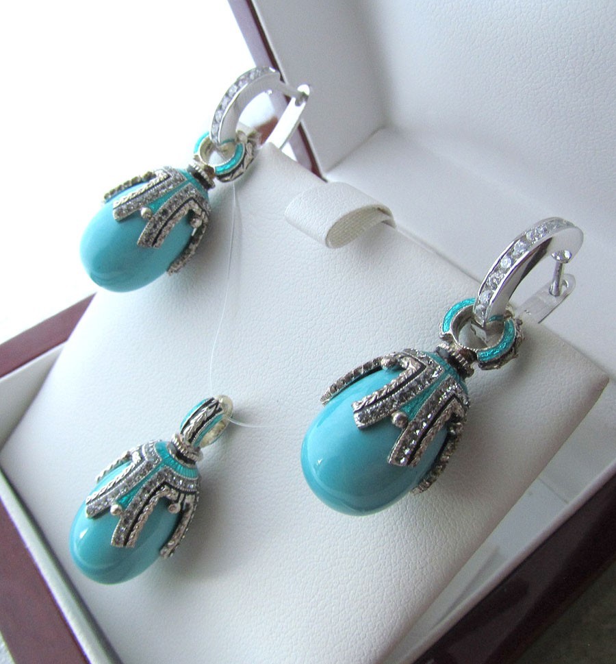 TURQUOISE EARRINGS & PENDANT SET HANDMADE RUSSIAN SOLID STERLING SILVER 925