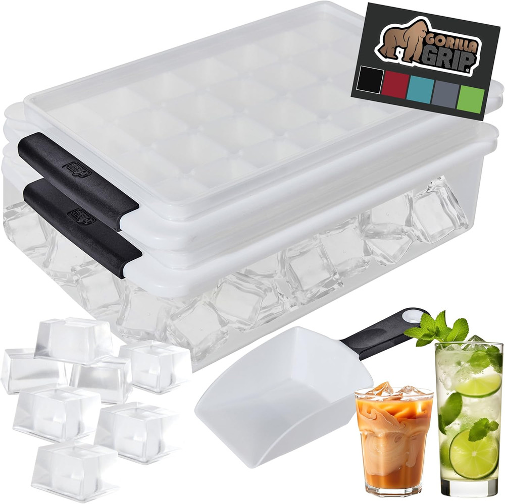 Stackable Ice Cube Tray and Bucket Set for Freezer, Includes 2 Trays with Lid...