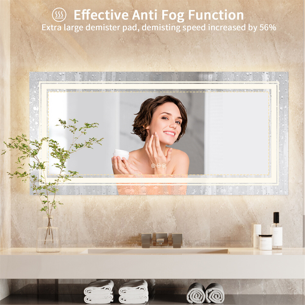 Large LED Bathroom Vanity Mirror with Front & Backlight Anti-fog Memory Dimmable