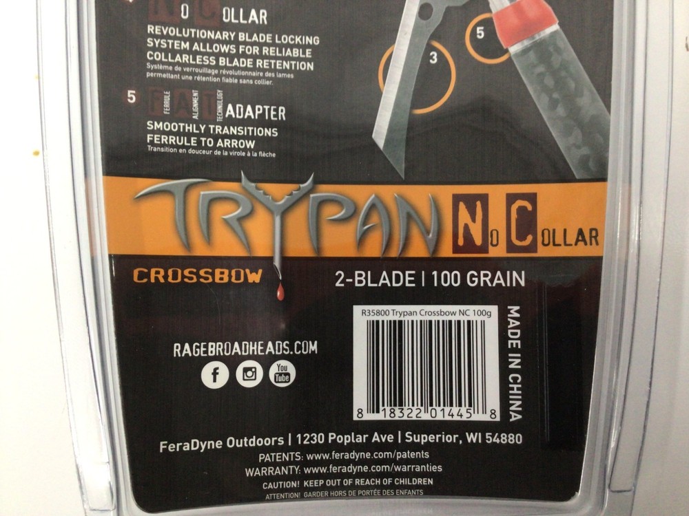 Rage Hypodermic 100 Grain Trypan No Collar Crossbow Broadhead 3-Pack